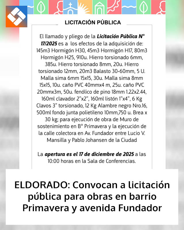 ELDORADO: Convocan a licitación pública para obras en barrio Primavera y avenida Fundador