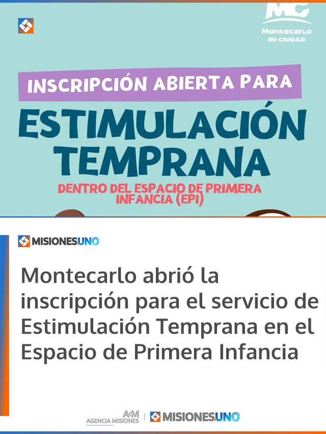 Montecarlo abrió la inscripción para el servicio de Estimulación Temprana en el Espacio de Primera Infancia